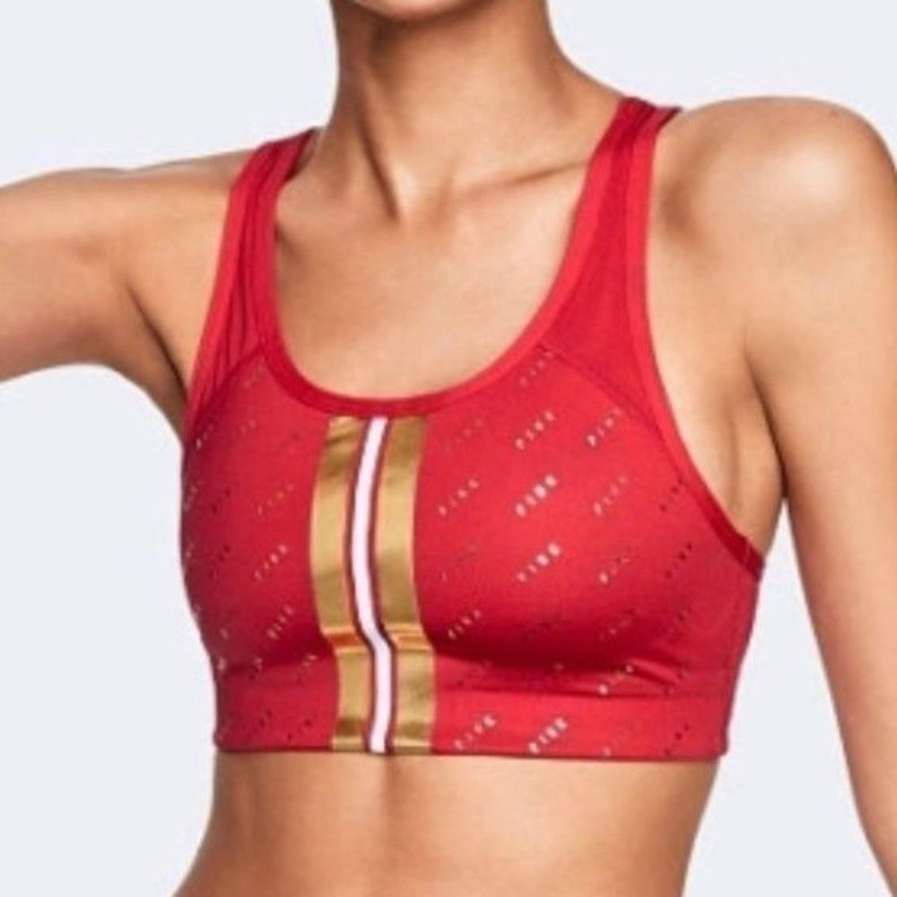 PINK Victoria's Secret Red and Gold Ultimate Unlined Sports Bra Size Medium